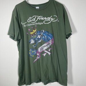 Ed Hardy Shirt Mens XL Green Panther Crown Tattoo Graphic Christian Audigier USA